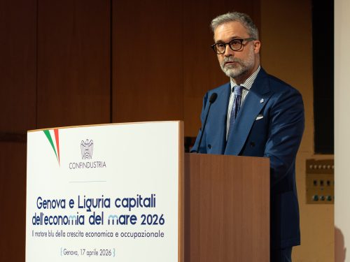 Mario Zanetti, delegato del Presidente di Confindustria per l’Economia del Mare, durante il suo intervento all’evento “Genova e Liguria capitali dell’economia del mare 2026” (Genova, 17 aprile 2026).