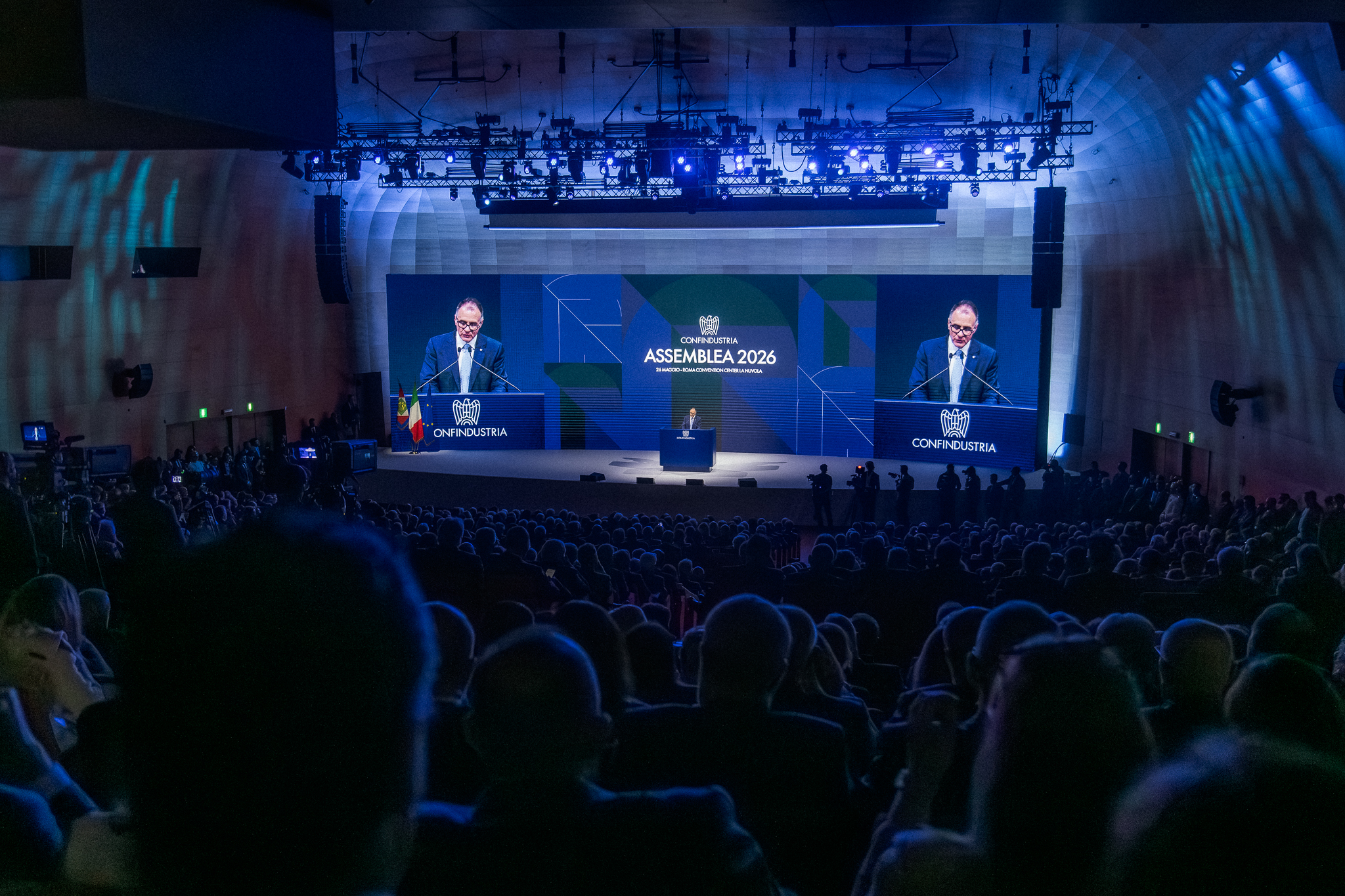 Un momento dell'Assemblea Confindustria 2026 al Convention Center La Nuvola di Roma.