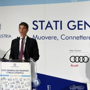 Leopoldo Destro, vicepresidente di Confindustria per i Trasporti, la Logistica e l'Industria del Turismo, apre i lavori della prima edizione degli Stati Generali dei Trasporti e della Logistica promossi da Confindustria all'Auditorium della Tecnica di Roma.